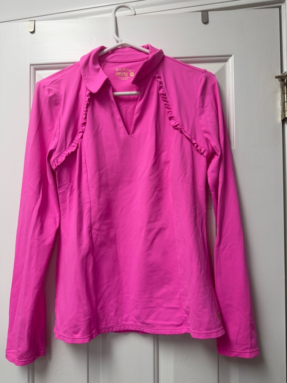 Lilly Pulitzer Luxletic Hot Pink Ruffle-Trim Long Sleeve Top so Medium